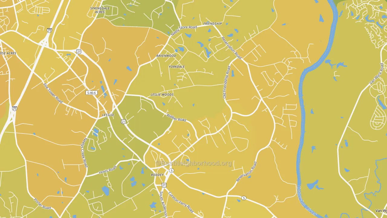 Map of the best neighborhoods in the Roddy area, with better matches in green and worse matches in red