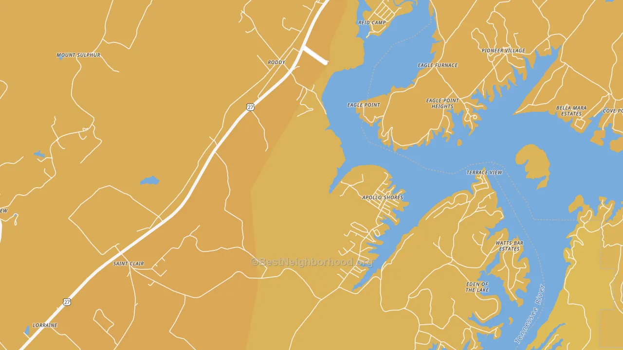 Map of the best neighborhoods in the Roddy area, with better matches in green and worse matches in red