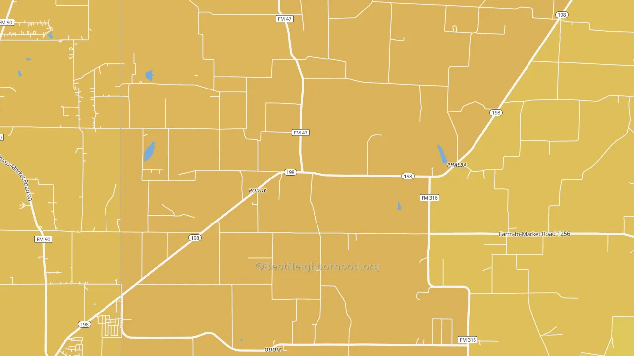 Map of the best neighborhoods in the Roddy area, with better matches in green and worse matches in red
