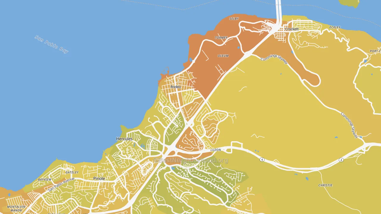 Map of the best neighborhoods in the Rodeo area, with better matches in green and worse matches in red