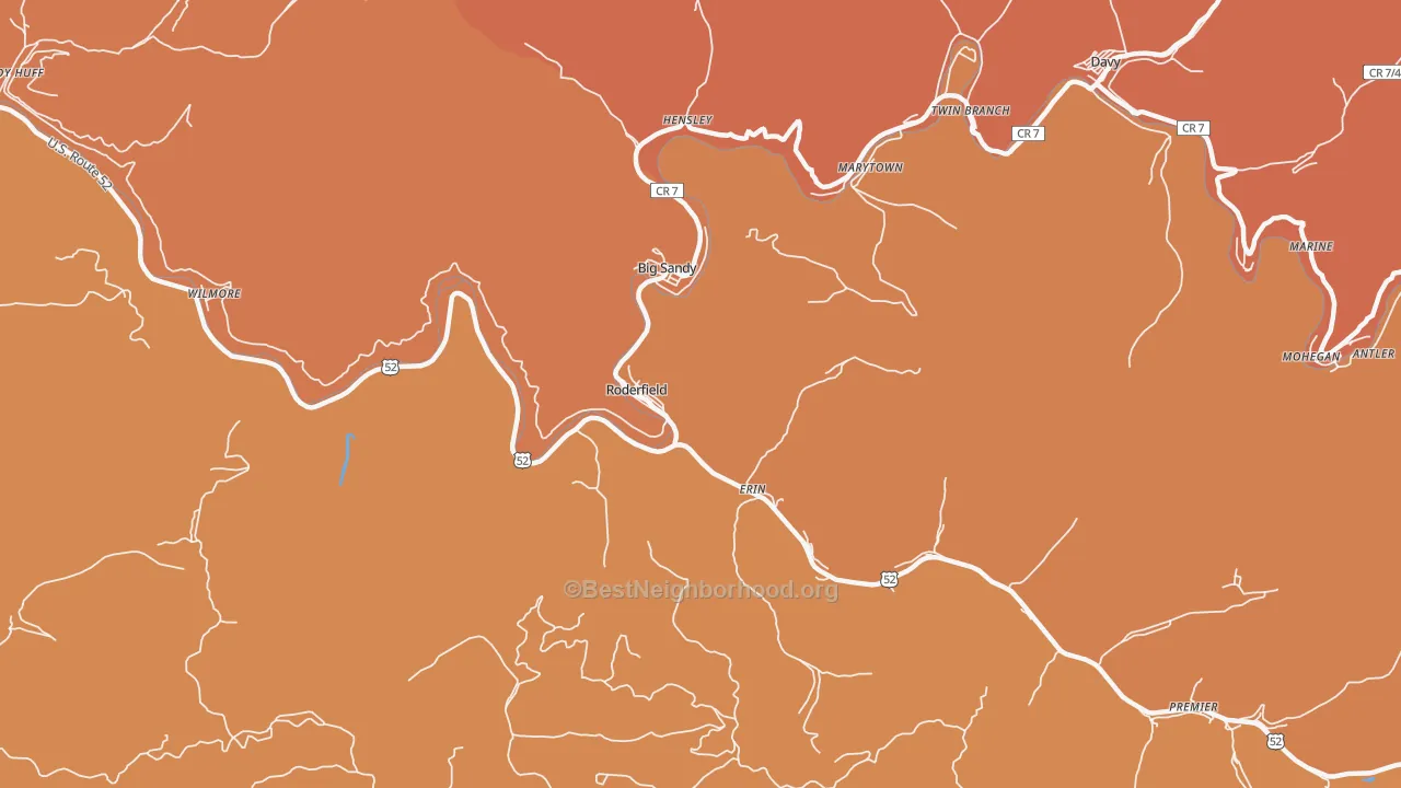 Map of the best neighborhoods in the Roderfield area, with better matches in green and worse matches in red