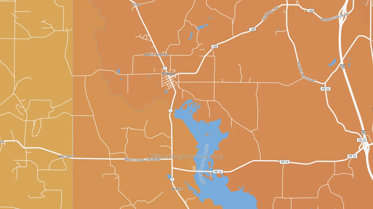 Map of the best neighborhoods in the Rodessa area, with better matches in green and worse matches in red
