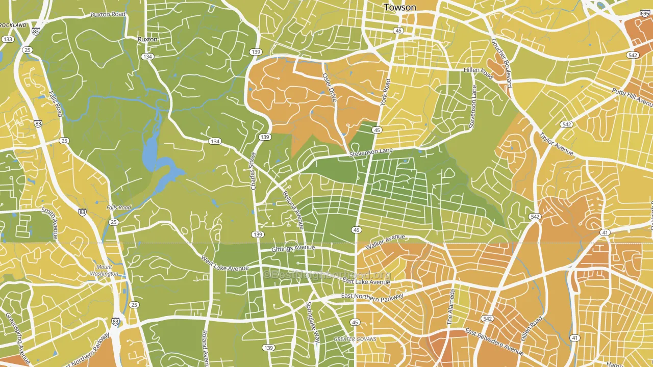Map of the best neighborhoods in the Rodgers Forge, Towson area, with better matches in green and worse matches in red