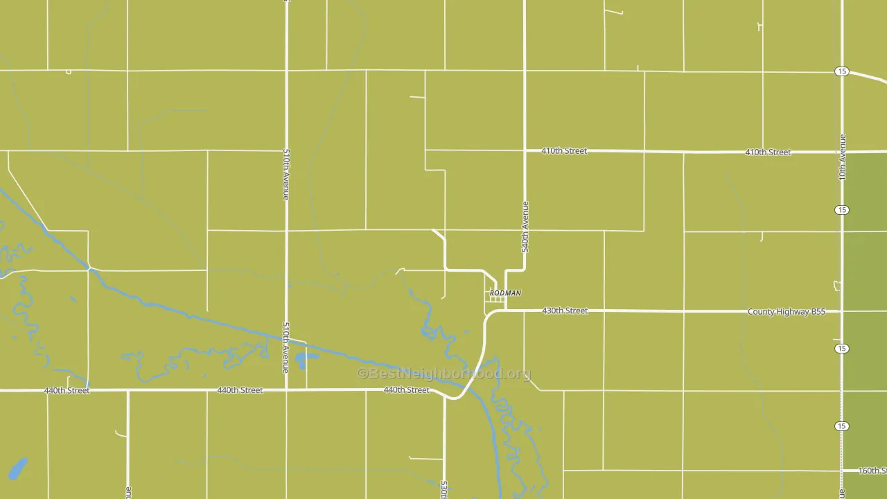 Map of the best neighborhoods in the Rodman area, with better matches in green and worse matches in red