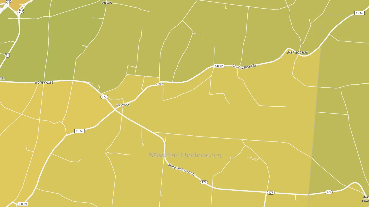 Map of the best neighborhoods in the Rodman area, with better matches in green and worse matches in red
