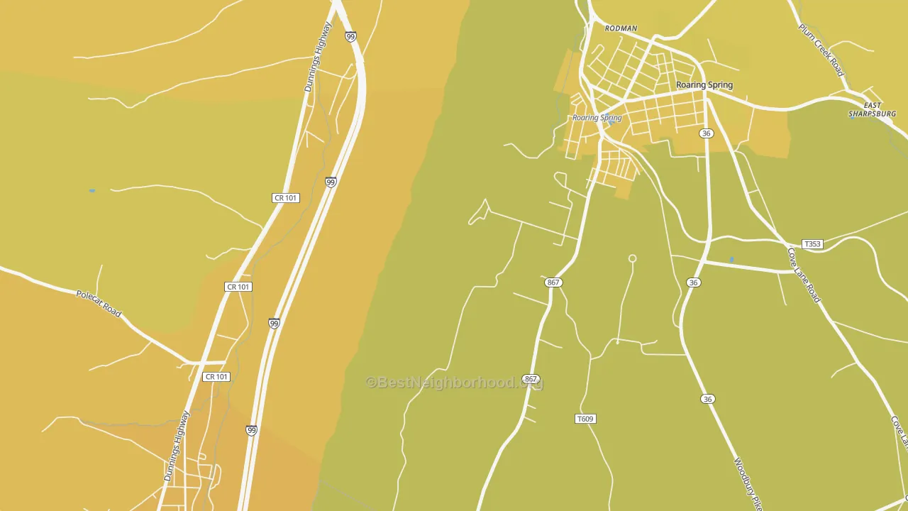Map of the best neighborhoods in the Rodman area, with better matches in green and worse matches in red