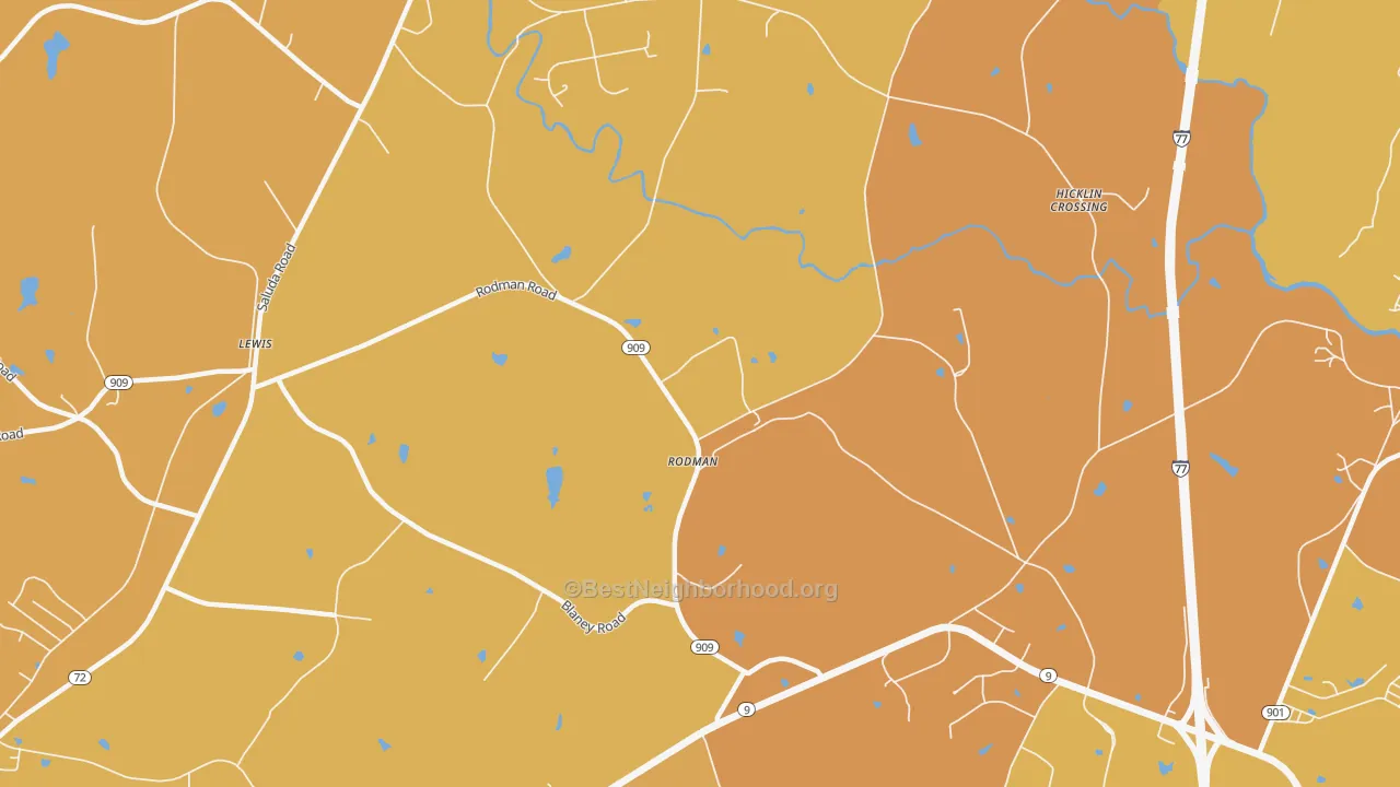 Map of the best neighborhoods in the Rodman area, with better matches in green and worse matches in red