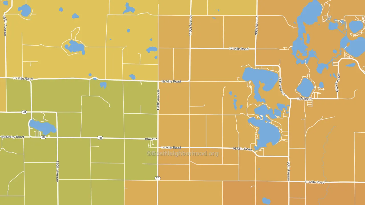 Map of the best neighborhoods in the Rodney area, with better matches in green and worse matches in red