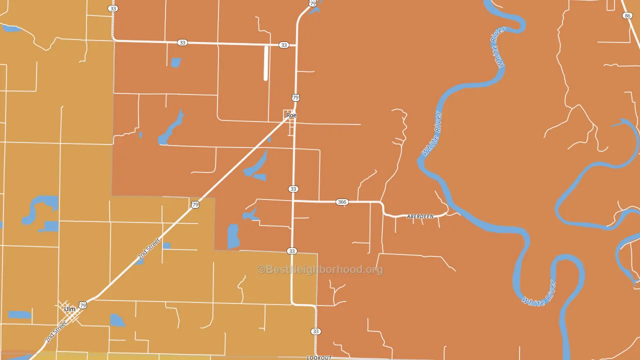 Map of the best neighborhoods in the Roe area, with better matches in green and worse matches in red