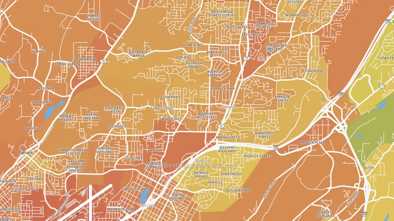 Map of the best neighborhoods in the Roebuck, Birmingham area, with better matches in green and worse matches in red