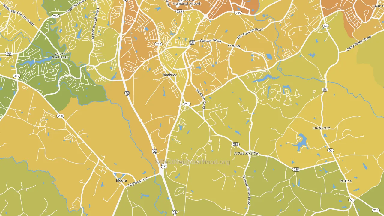 Map of the best neighborhoods in the Roebuck area, with better matches in green and worse matches in red