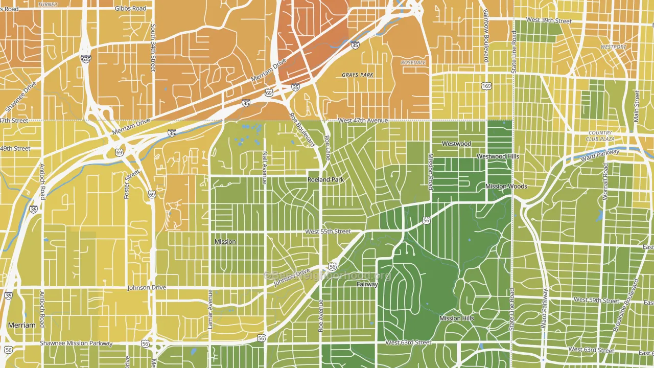 Map of the best neighborhoods in the Roeland Park area, with better matches in green and worse matches in red