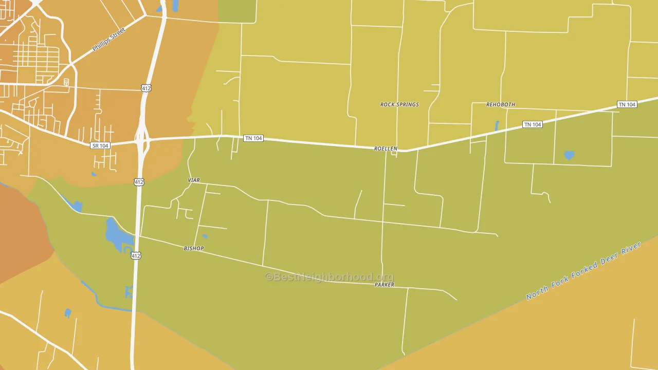 Map of the best neighborhoods in the RoEllen area, with better matches in green and worse matches in red