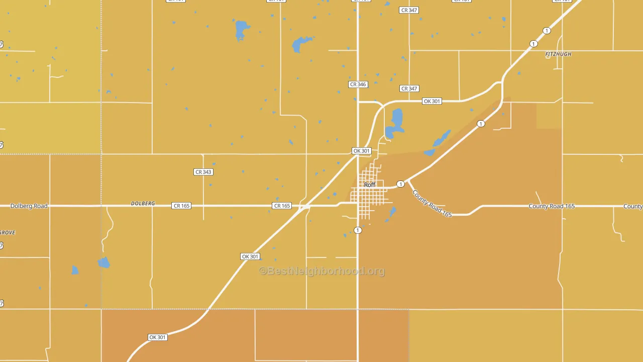 Map of the best neighborhoods in the Roff area, with better matches in green and worse matches in red