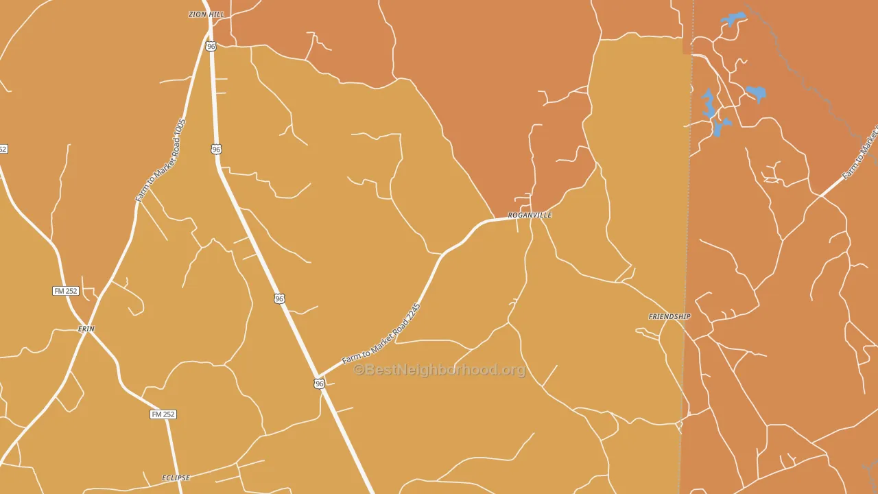 Map of the best neighborhoods in the Roganville area, with better matches in green and worse matches in red