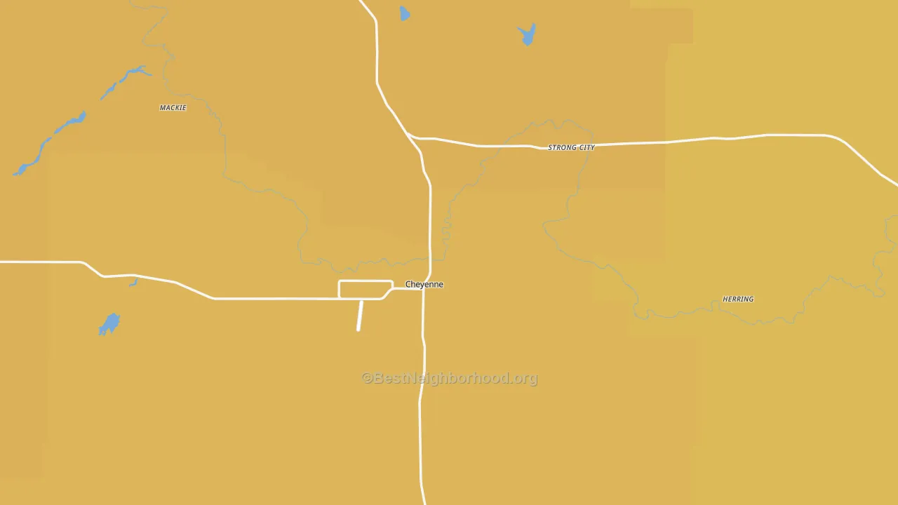 Map of the best neighborhoods in the Roger Mills County area, with better matches in green and worse matches in red