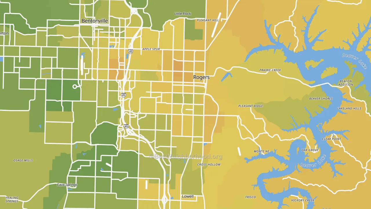 Map of the best neighborhoods in the Rogers area, with better matches in green and worse matches in red