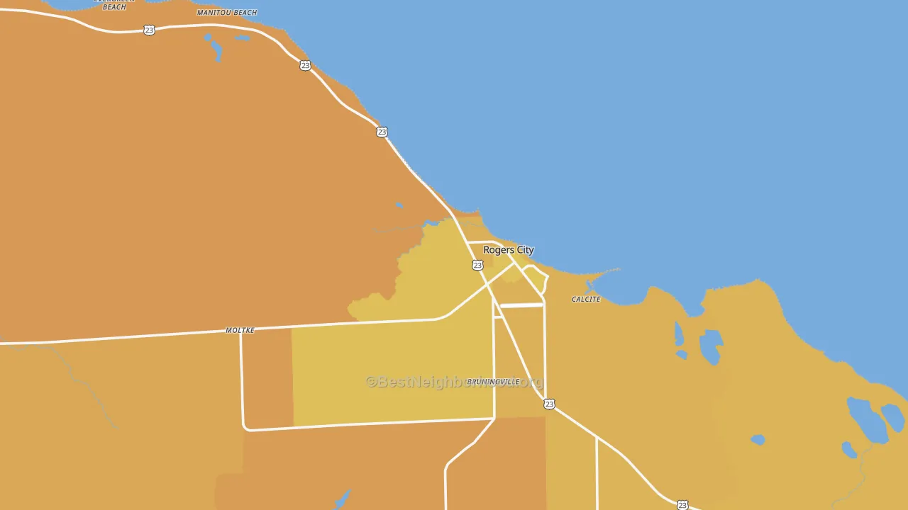 Map of the best neighborhoods in the Rogers City area, with better matches in green and worse matches in red
