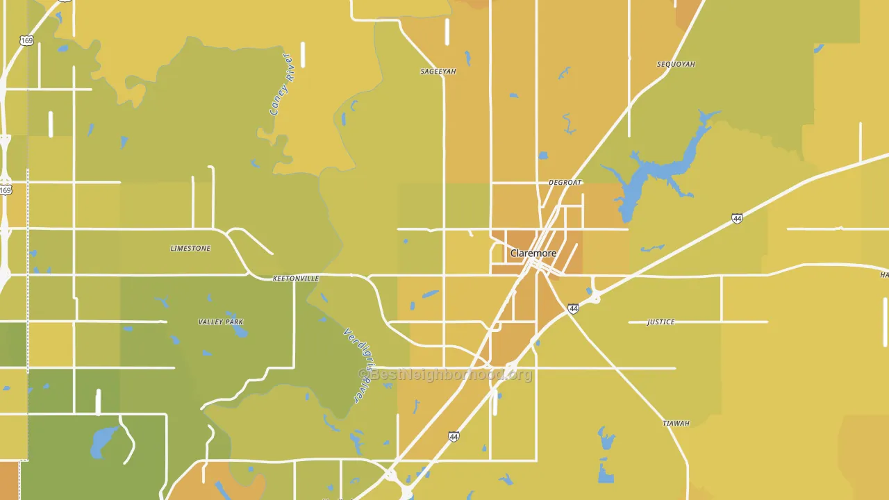 Map of the best neighborhoods in the Rogers County area, with better matches in green and worse matches in red