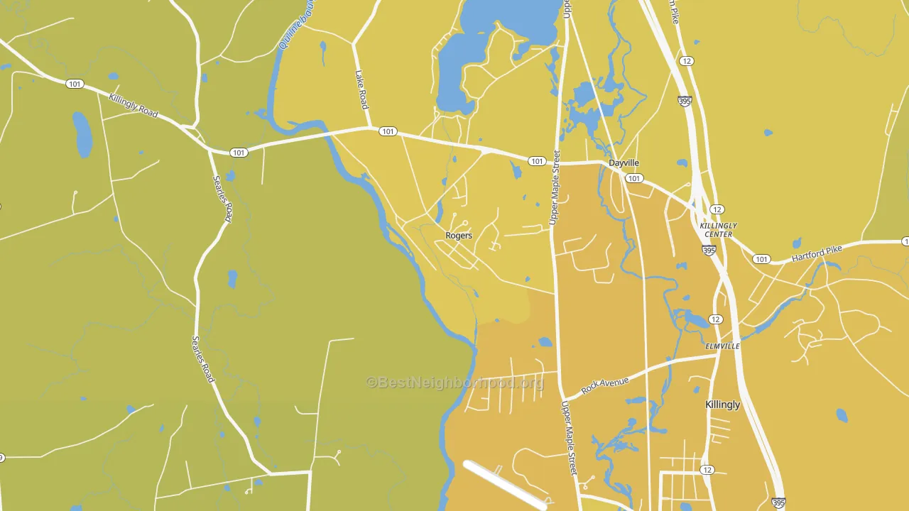 Map of the best neighborhoods in the Rogers area, with better matches in green and worse matches in red
