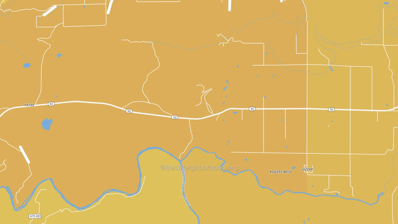 Map of the best neighborhoods in the Rogers Mesa area, with better matches in green and worse matches in red