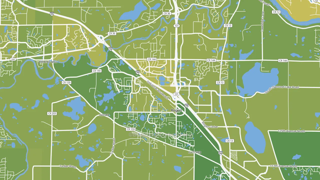 Map of the best neighborhoods in the Rogers area, with better matches in green and worse matches in red