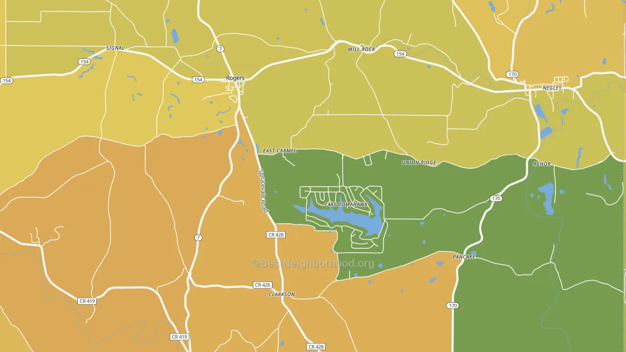Map of the best neighborhoods in the Rogers area, with better matches in green and worse matches in red