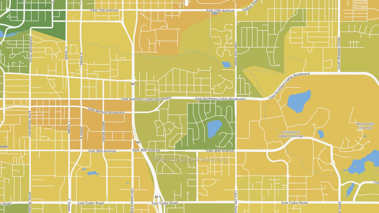 Map of the best neighborhoods in the Rogers Park, Anchorage area, with better matches in green and worse matches in red