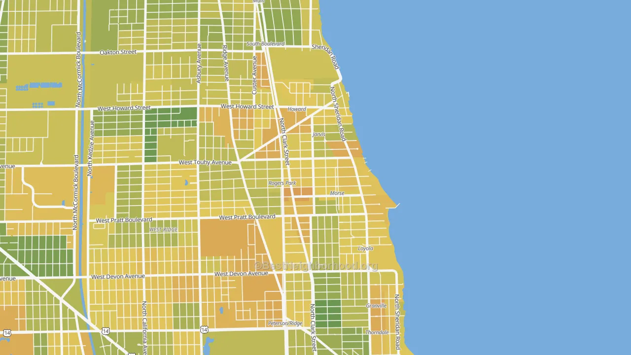 Map of the best neighborhoods in the Rogers Park, Chicago area, with better matches in green and worse matches in red