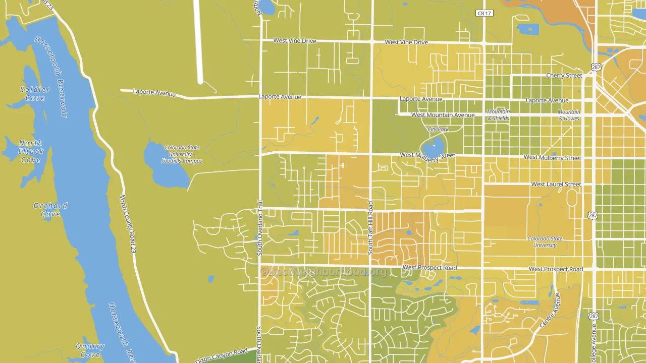 Map of the best neighborhoods in the Rogers Park, Fort Collins area, with better matches in green and worse matches in red