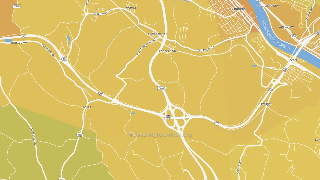Map of the best neighborhoods in the Rogers Stop area, with better matches in green and worse matches in red