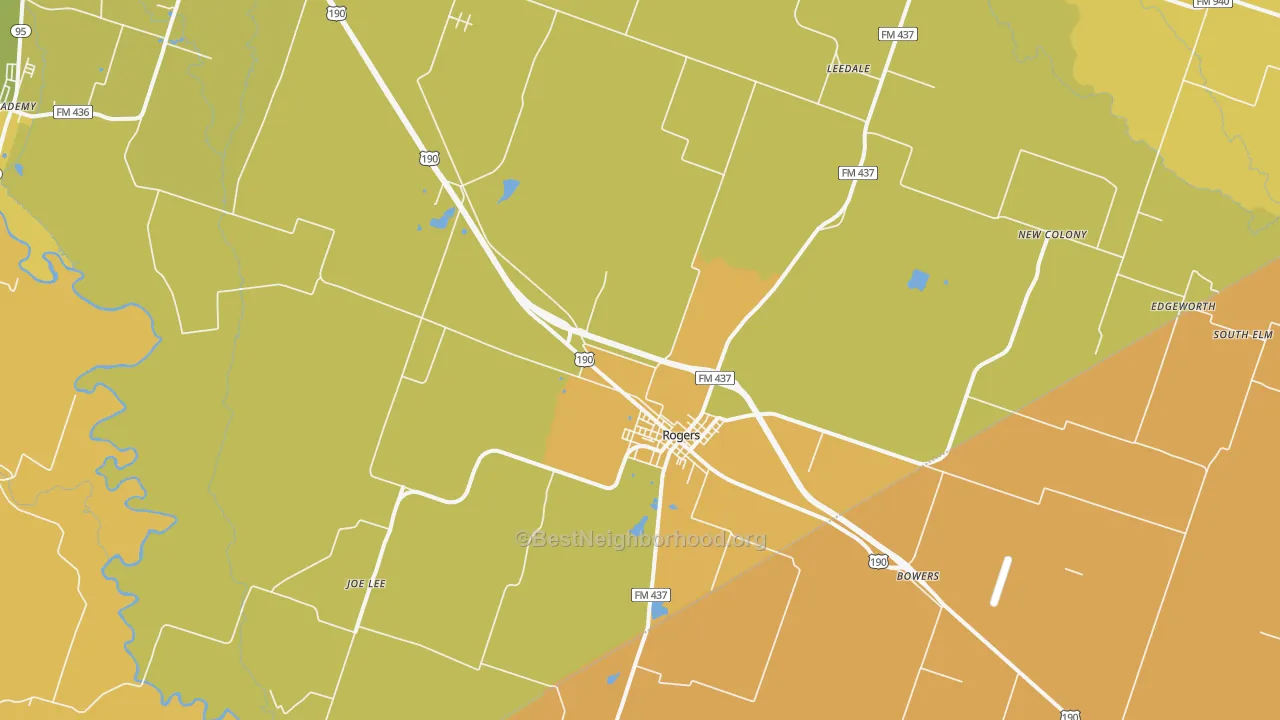 Map of the best neighborhoods in the Rogers area, with better matches in green and worse matches in red