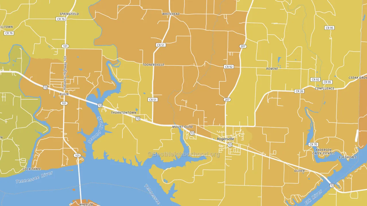 Map of the best neighborhoods in the Rogersville area, with better matches in green and worse matches in red