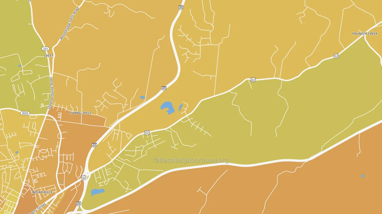 Map of the best neighborhoods in the Rogersville area, with better matches in green and worse matches in red