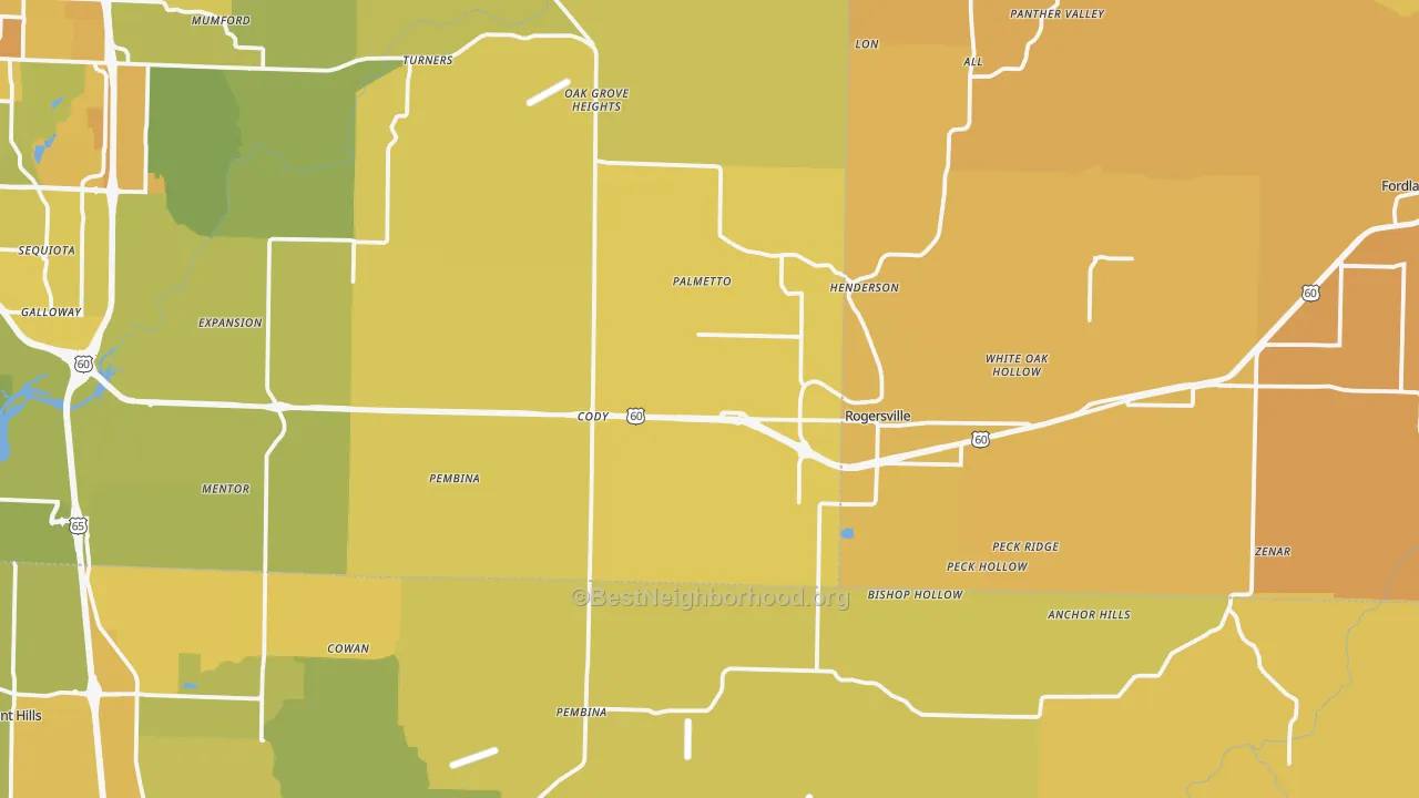 Map of the best neighborhoods in the Rogersville area, with better matches in green and worse matches in red