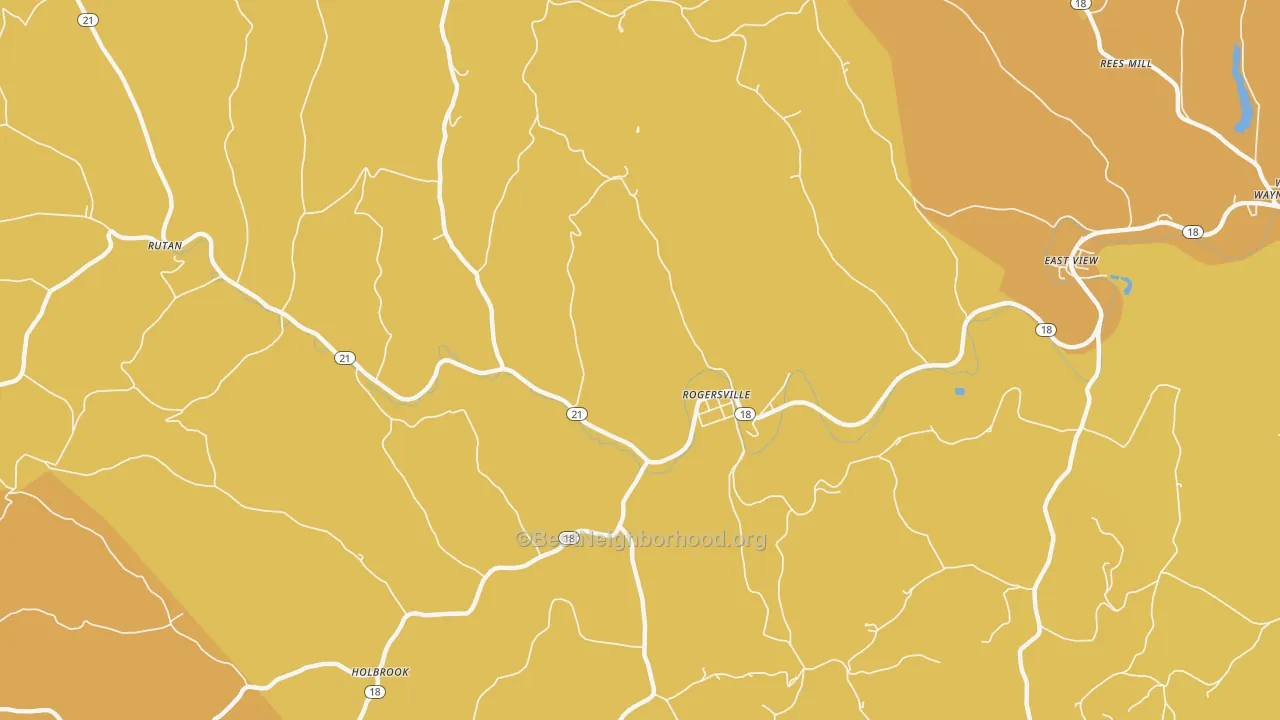 Map of the best neighborhoods in the Rogersville area, with better matches in green and worse matches in red
