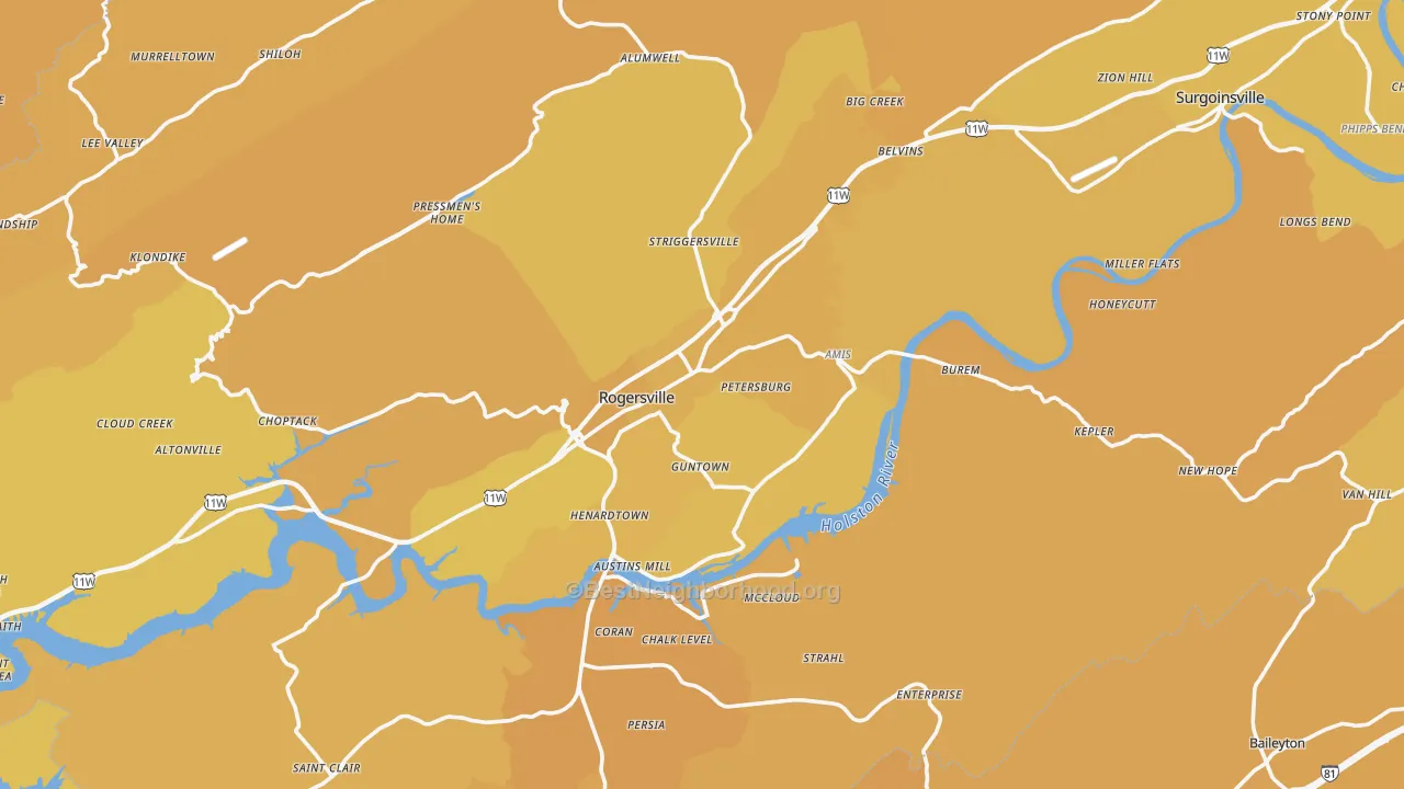 Map of the best neighborhoods in the Rogersville area, with better matches in green and worse matches in red