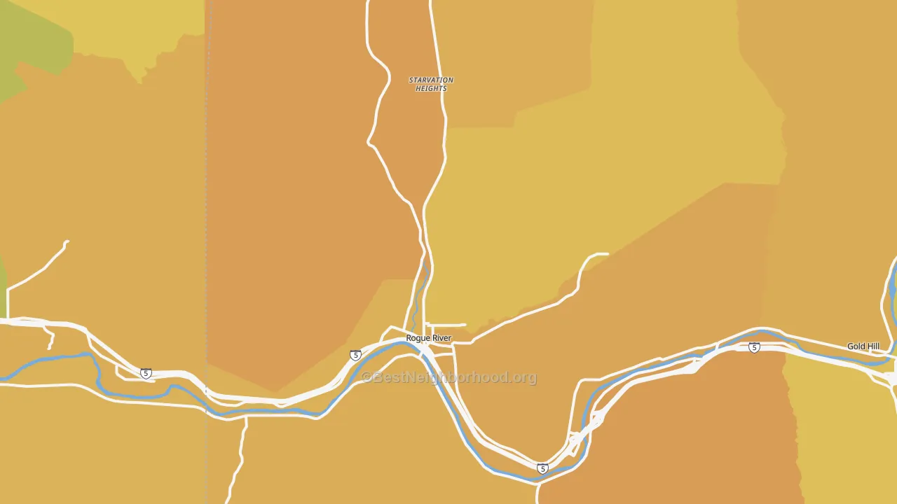 Map of the best neighborhoods in the Rogue River area, with better matches in green and worse matches in red