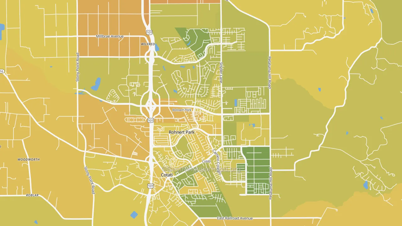 Map of the best neighborhoods in the Rohnert Park area, with better matches in green and worse matches in red