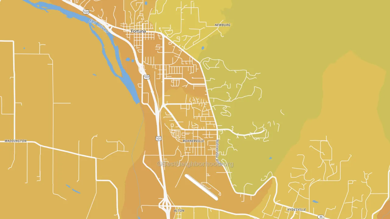 Map of the best neighborhoods in the Rohnerville, Fortuna area, with better matches in green and worse matches in red
