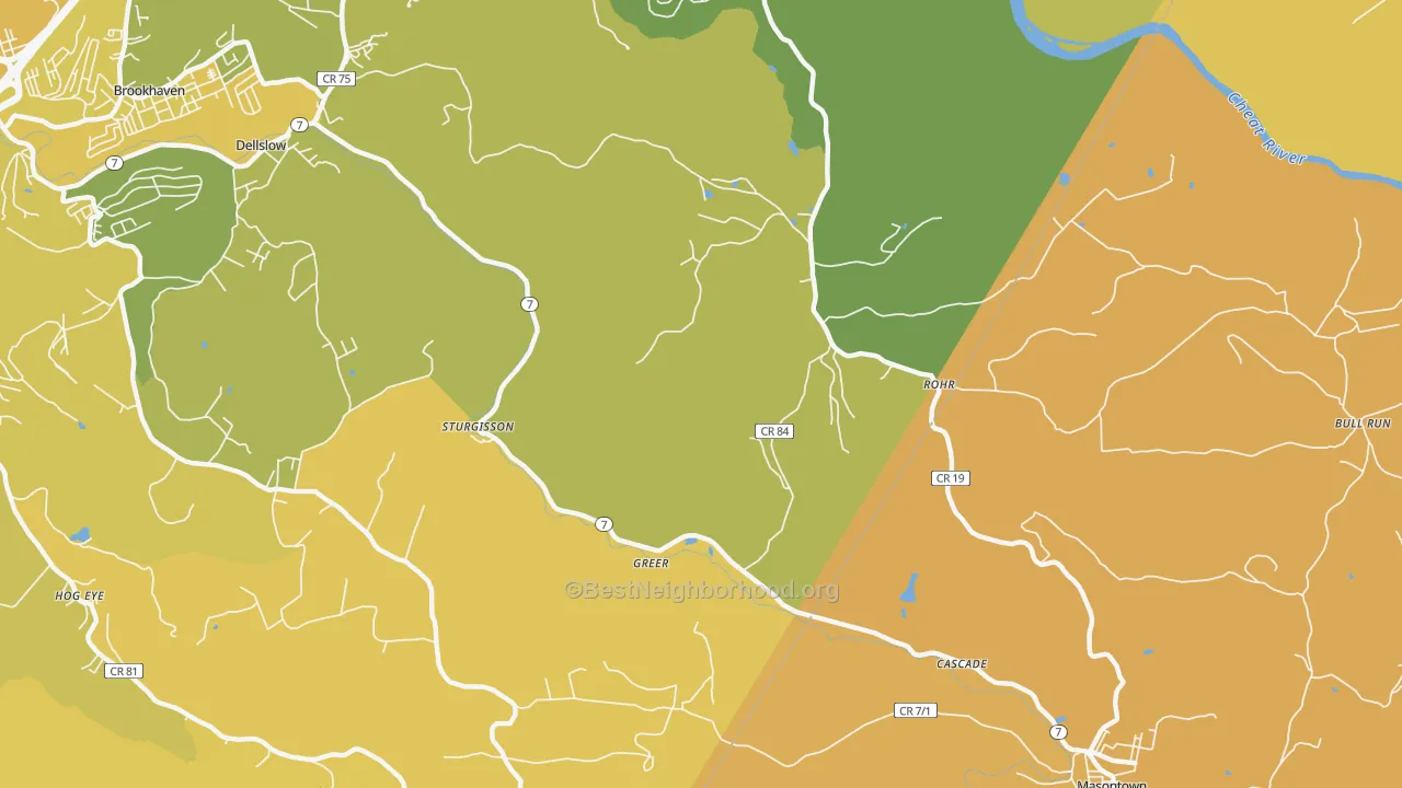 Map of the best neighborhoods in the Rohr area, with better matches in green and worse matches in red