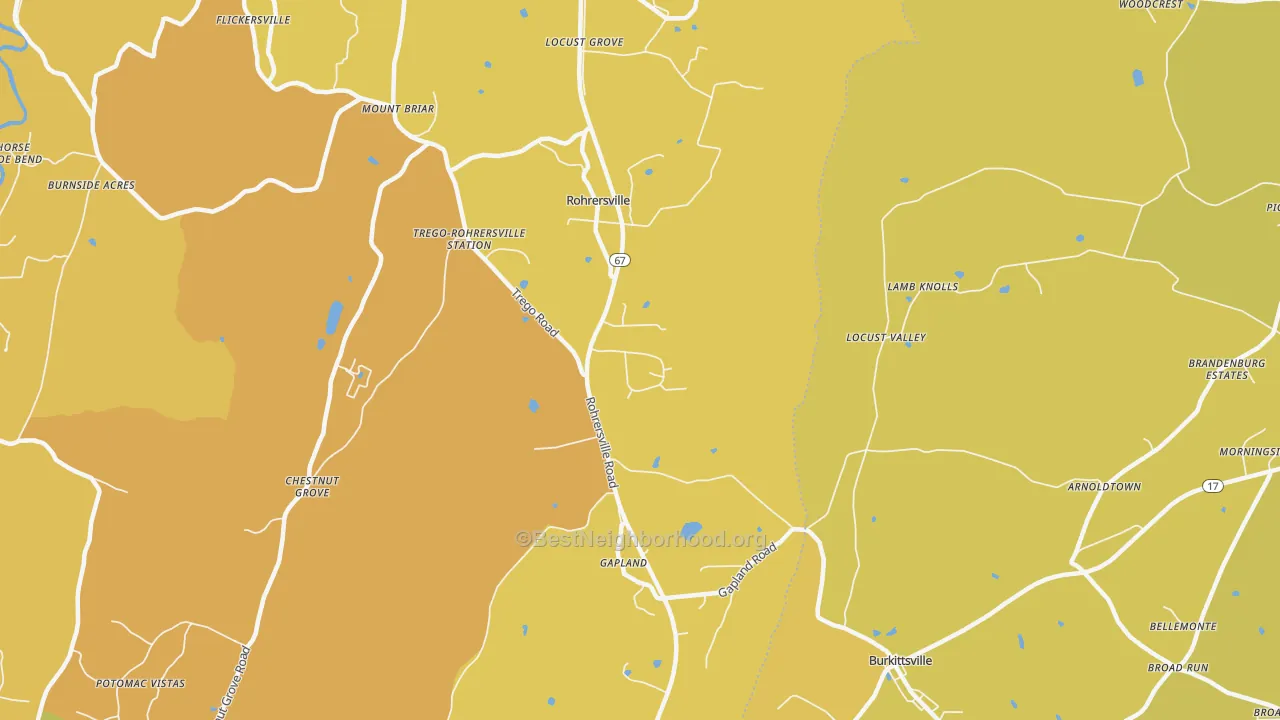 Map of the best neighborhoods in the Rohrersville area, with better matches in green and worse matches in red