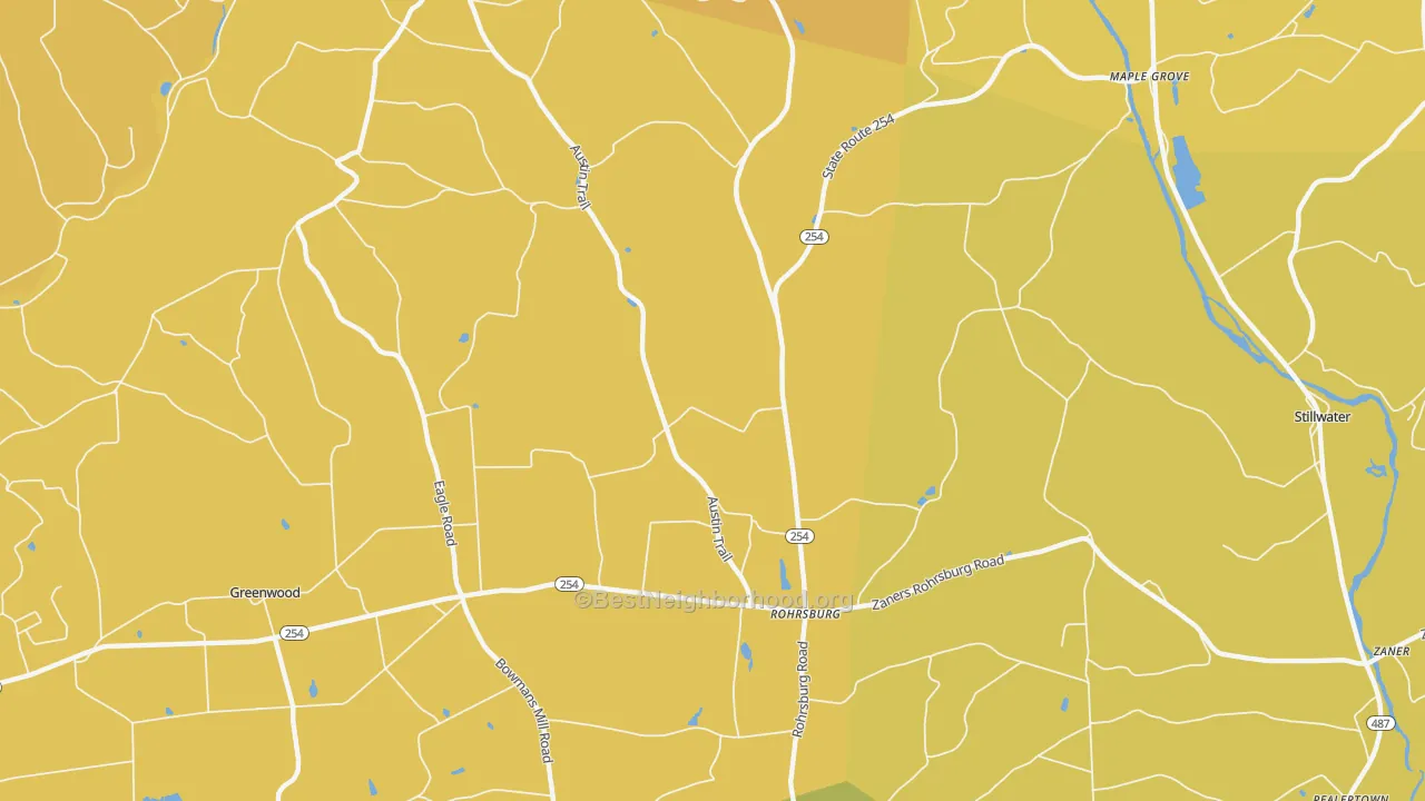 Map of the best neighborhoods in the Rohrsburg area, with better matches in green and worse matches in red