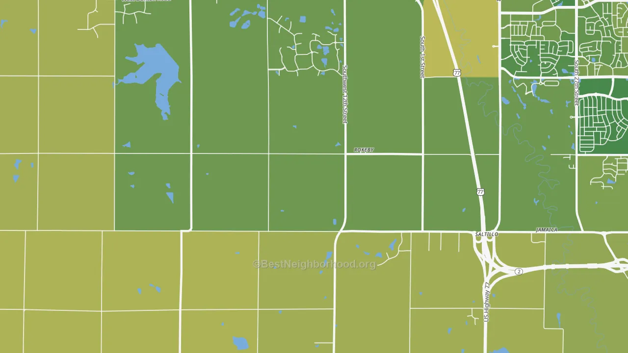 Map of the best neighborhoods in the Rokeby area, with better matches in green and worse matches in red