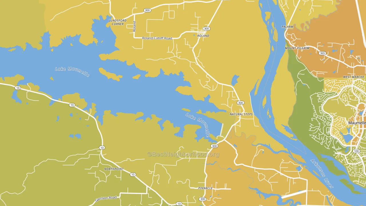 Map of the best neighborhoods in the Roland area, with better matches in green and worse matches in red