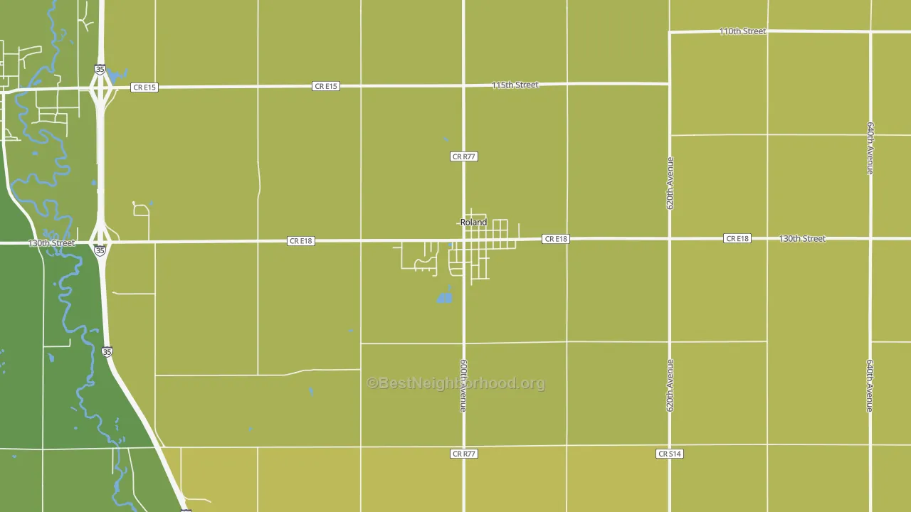 Map of the best neighborhoods in the Roland area, with better matches in green and worse matches in red