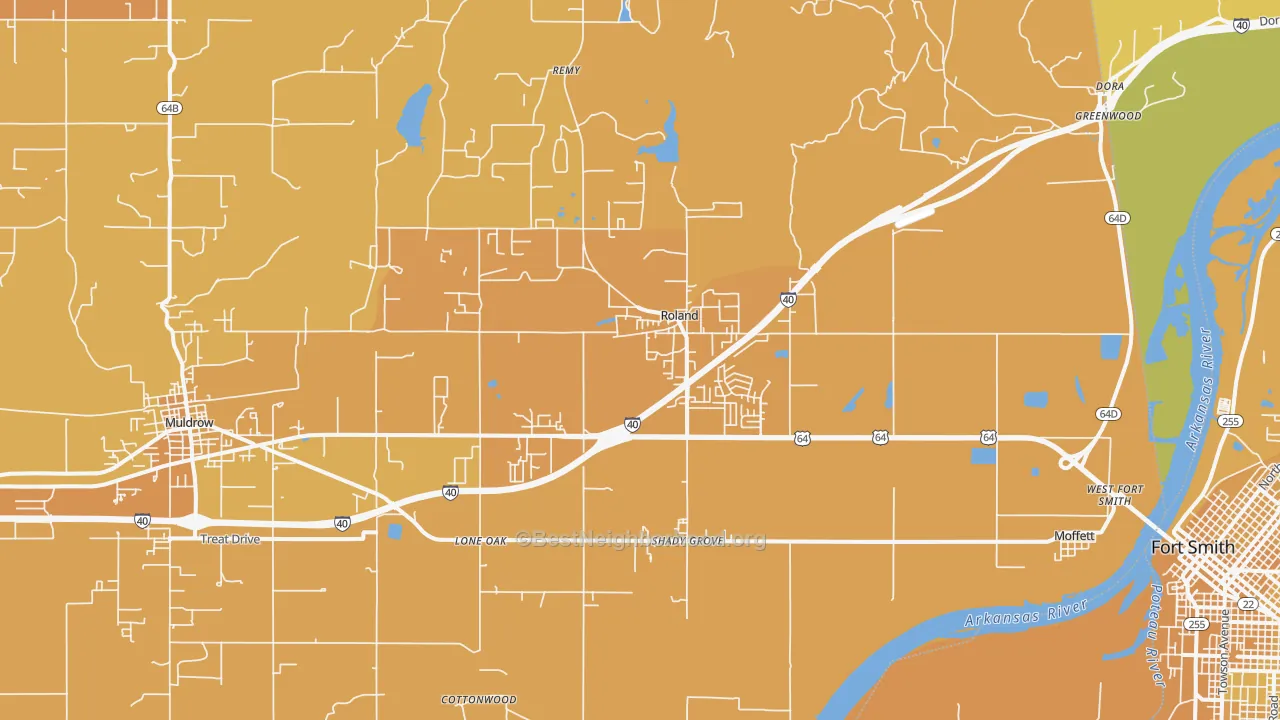 Map of the best neighborhoods in the Roland area, with better matches in green and worse matches in red