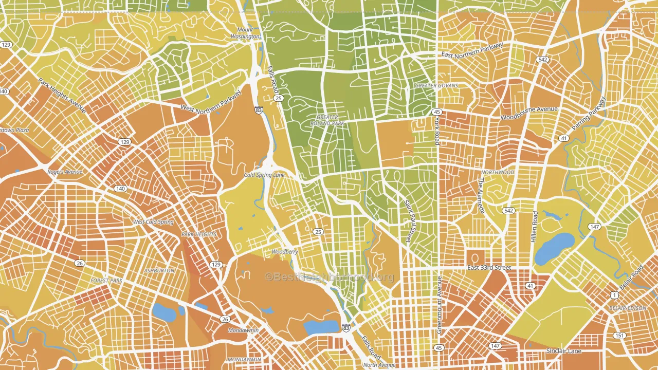 Map of the best neighborhoods in the Roland Park-Homewood-Guilford, Baltimore area, with better matches in green and worse matches in red