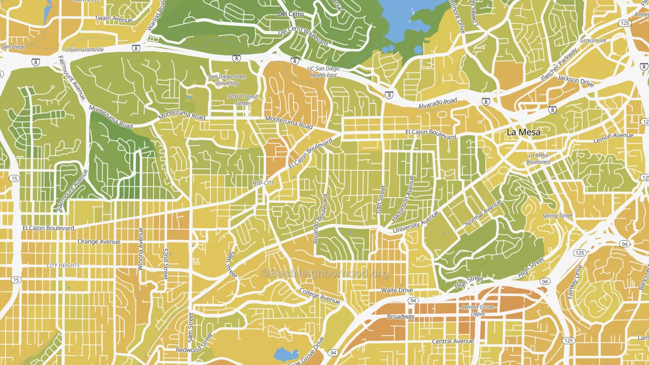 Map of the best neighborhoods in the Rolando, San Diego area, with better matches in green and worse matches in red
