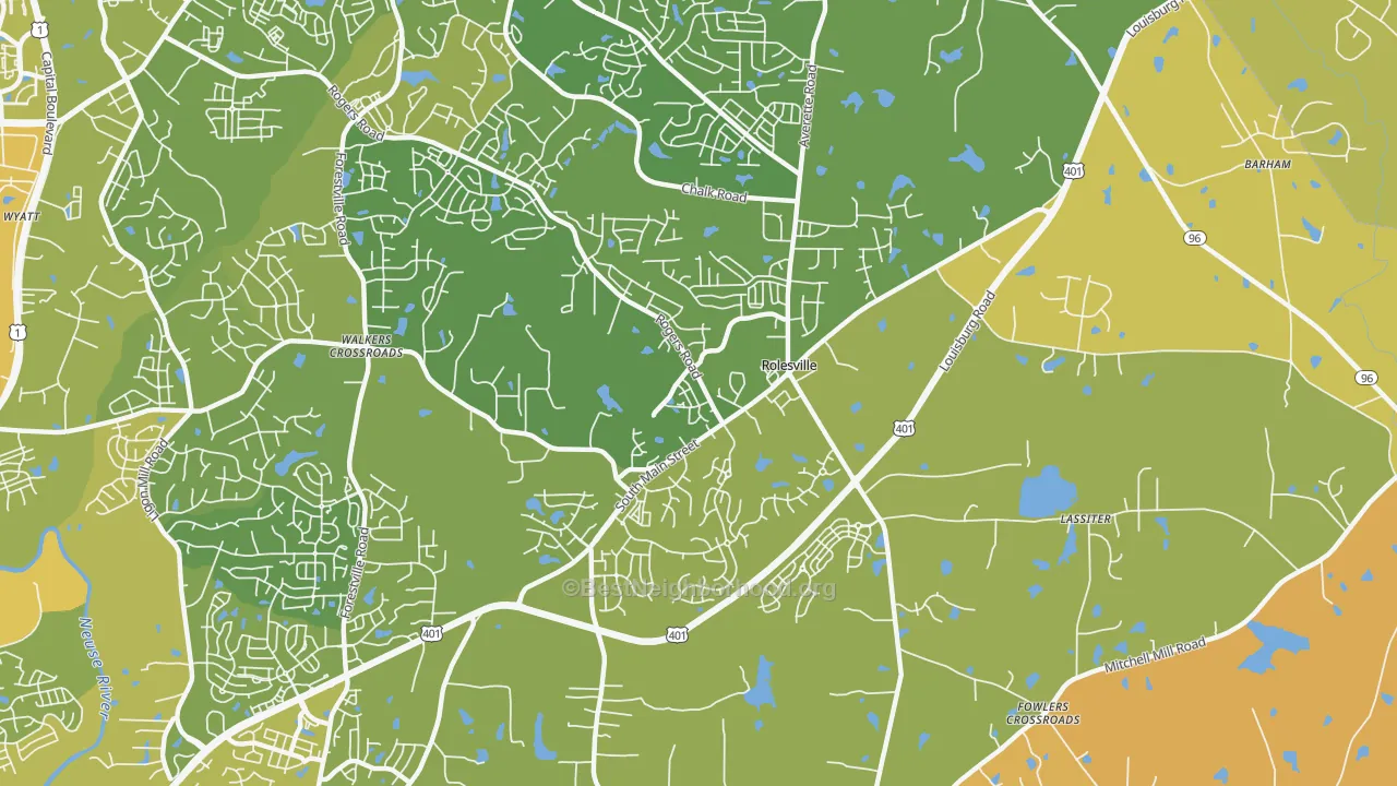Map of the best neighborhoods in the Rolesville area, with better matches in green and worse matches in red